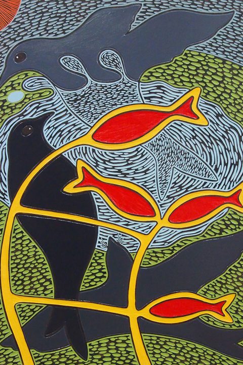 Busy birds – From 2018 Woodcuts. 68cm x 52 cm. acrylic on wood