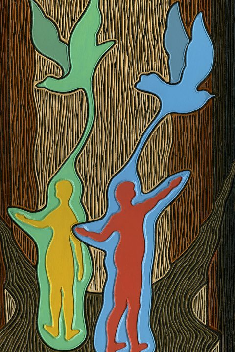 This way – 2017 Acrylic on Wood & Woodcuts. 40cm X 25cm – Acrylic on Wood