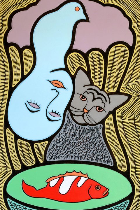 rain cat – from 2019 acrylic on wood. 90cm x 55cm. acrylic on wood